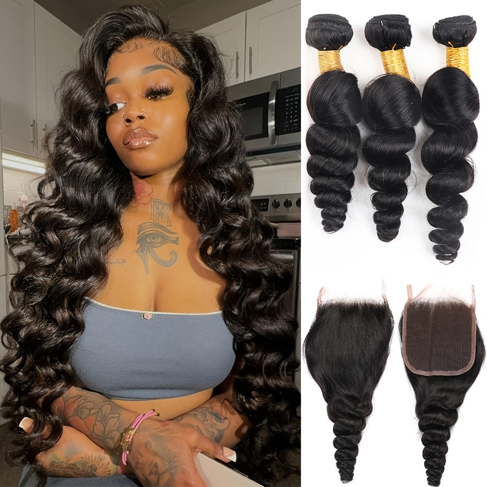 14A Loose Wave Bundles with Closure Human Hair 3 Bundles with 5x5 Lace Closure for Women Free Part 100% Unprocessed Virgin Peruvian Loose Deep Wave Human Hair Weave Bundles with Lace Closure Natural Color